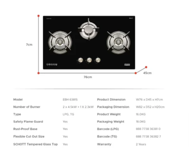 Europace EBH6381SLPG 3 Burner 80cm Slim Gas Cooker Hob (Schott Glass) LPG - Image 3