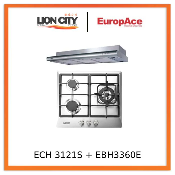 EuropAce ECH 3121S 90cm Deluxe Slimline Hood + EuropAce EBH3360E LPG/TG 60cm Built-In Stainless Steel Gas Hob (3burner)