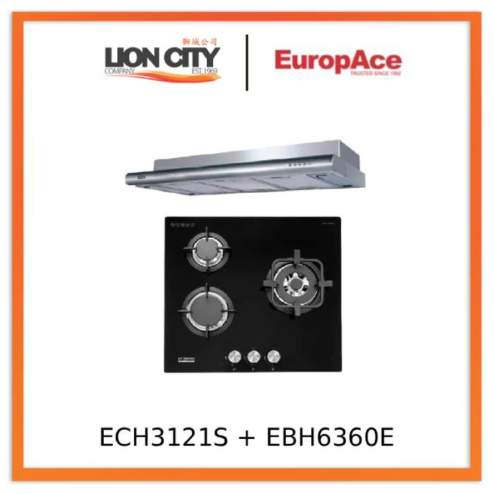 EuropAce ECH 3121S 90cm Deluxe Slimline Hood + EuropAce EBH6360ELPG 60cm Built-In Glass Gas Hob (3burner)