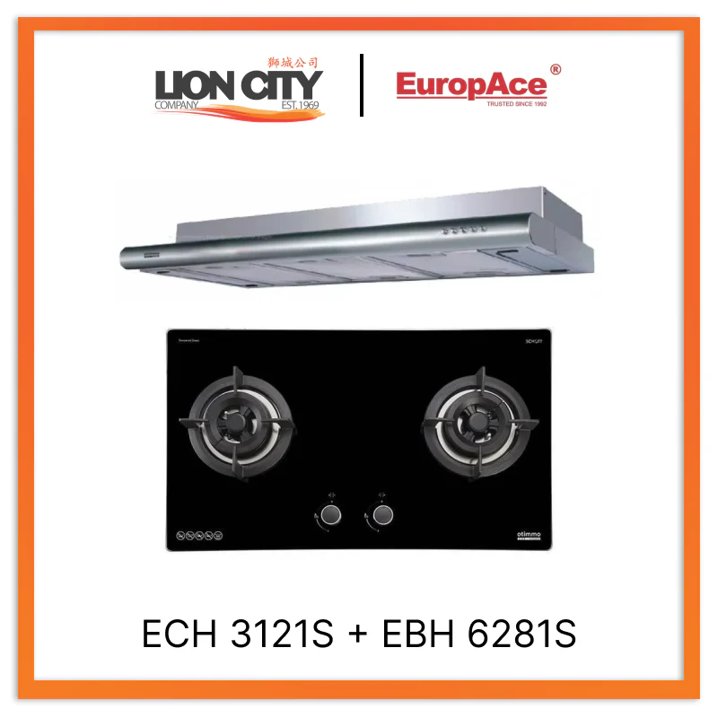 Europace ECH3121S 90cm Deluxe Slim Curve Hood + EBH 6281S 2 Burners 80cm Slim Hob (Schott Glass)