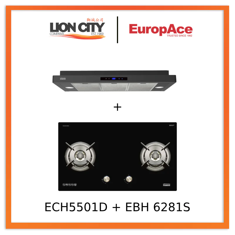 Europace ECH5501DBK 90cm Slimline Hood + EBH6281STG 80cm Built-In Gas Hob (2burner)