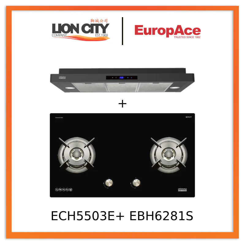Europace ECH5503EBK OTIMMO Slimline Hood 90CM + EBH 6281S 2 Burners 80cm Slim Hob (Schott Glass)