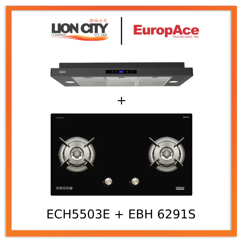Europace ECH5503EBK OTIMMO Slimline Hood 90CM + EBH6291S 2 Burner 90cm Gas Cooker Hob (Schott Glass)