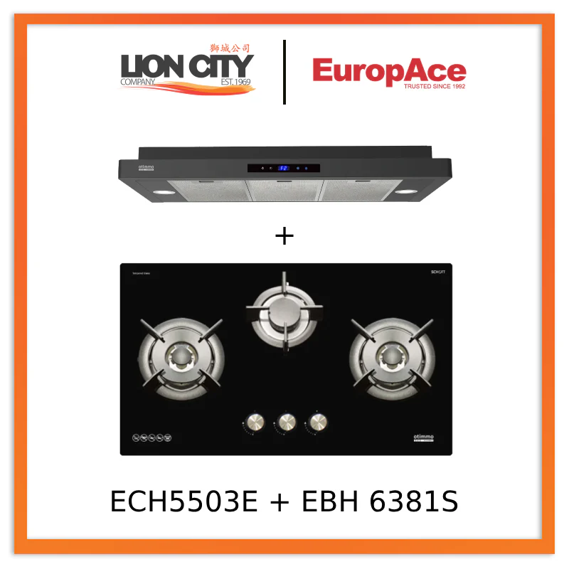 Europace ECH5503EBK OTIMMO Slimline Hood 90CM + EBH6381S 3 Burner 80cm Slim Hob (Schott Glass)