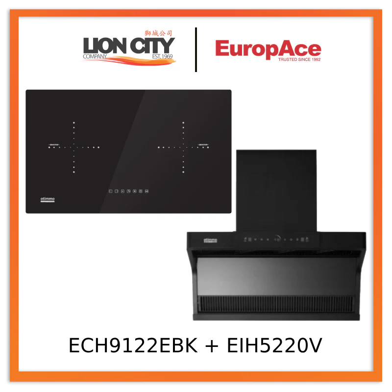 Europace ECH9122EBK 90cm 1200m3/h L-Shaped Hood with Dual Suction + EIH5220V 75CM Built-in-Induction Hob