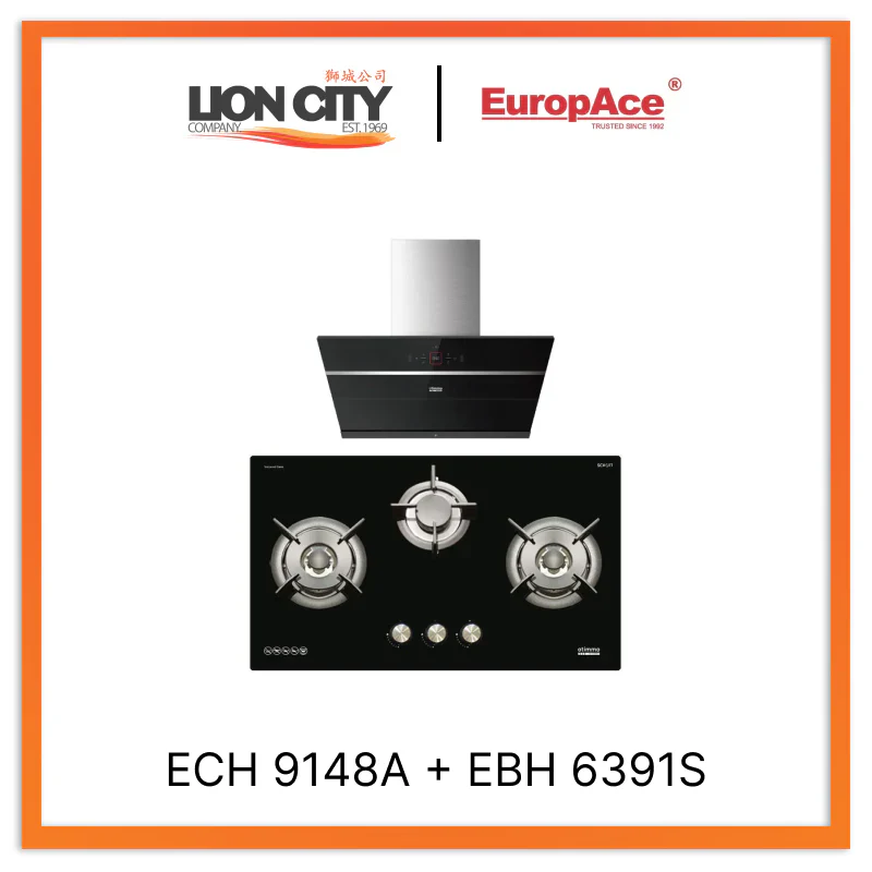 Europace ECH9148A 90cm Premium Inclined Hood + EBH 6391S 3 Burner 90cm Gas Cooker Hob (Schott Glass)
