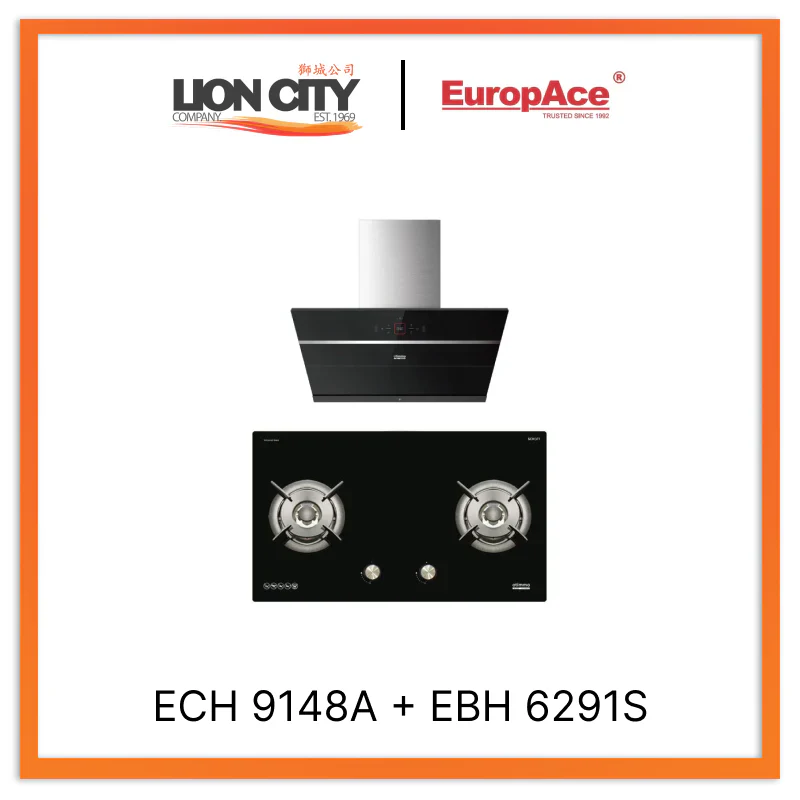 Europace ECH9148A 90cm Premium Inclined Hood + EBH6291S 2 Burner 90cm Gas Cooker Hob (Schott Glass)
