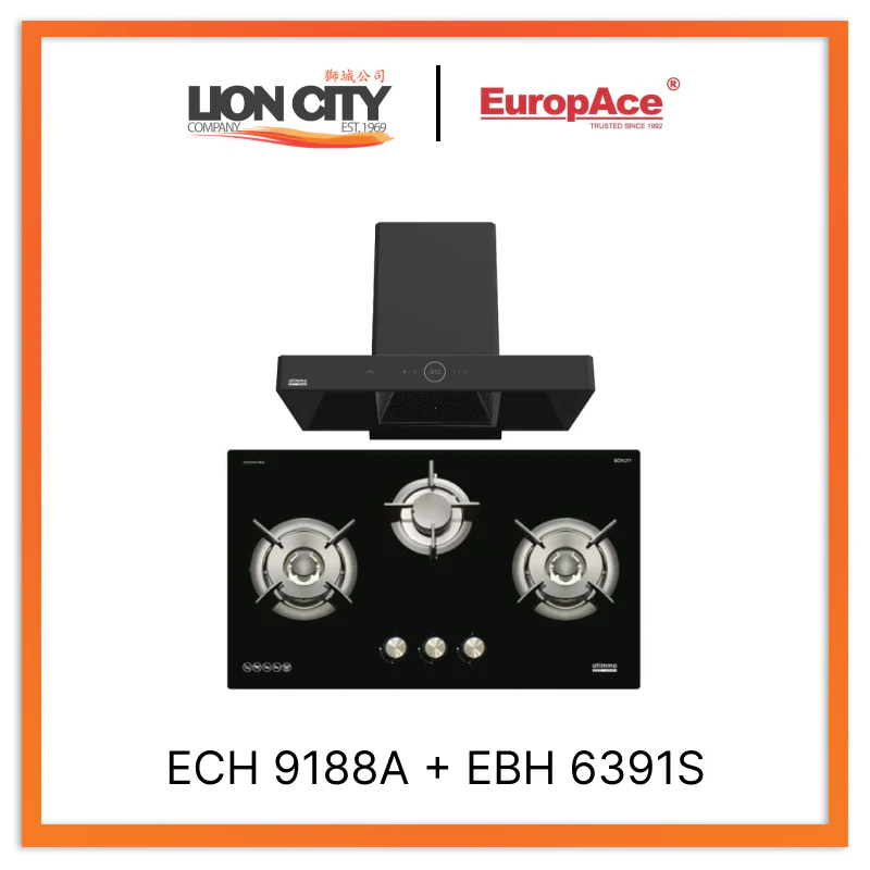 Europace ECH9188A 90CM Premium T-Chimney Hood + EBH 6391S 3 Burner 90cm Gas Cooker Hob (Schott Glass)
