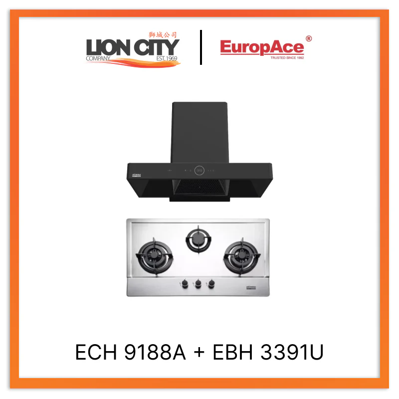 Europace ECH9188A 90CM Premium T-Chimney Hood + EBH3391U Otimmo 3 Burner 90cm Slim Built-in Gas Hob Cooker  (Stainless Steel)