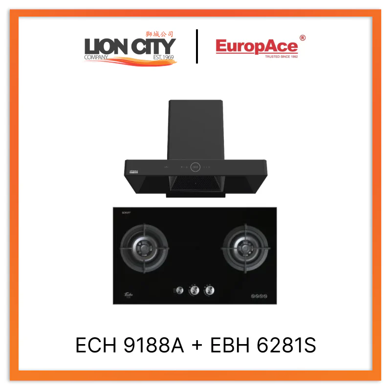 Europace ECH9188A 90CM Premium T-Chimney Hood  + EBH6281S 2 Burner 80cm Slim Gas Cooker Hob (Schott Glass)