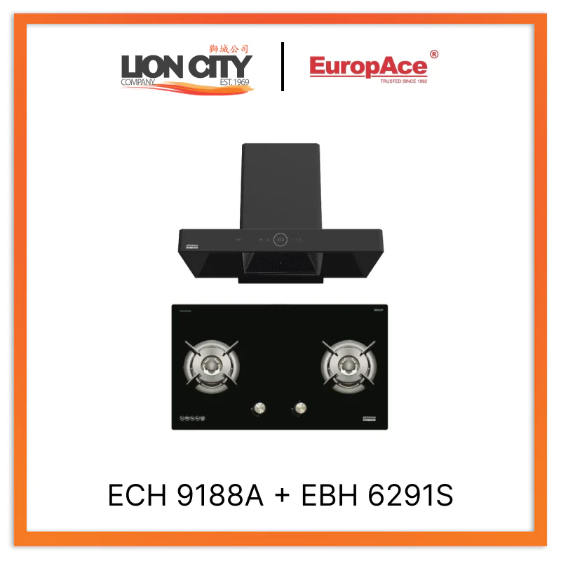 Europace ECH9188A 90CM Premium T-Chimney Hood + EBH6291S 2 Burner 90cm Gas Cooker Hob (Schott Glass)