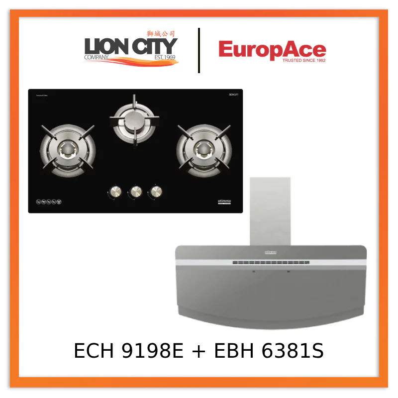 Europace ECH9198EBK 90cm 1400m3/h Designer Chimney Hood + EBH6381S 3 Burner 80cm Slim Hob (Schott Glass)