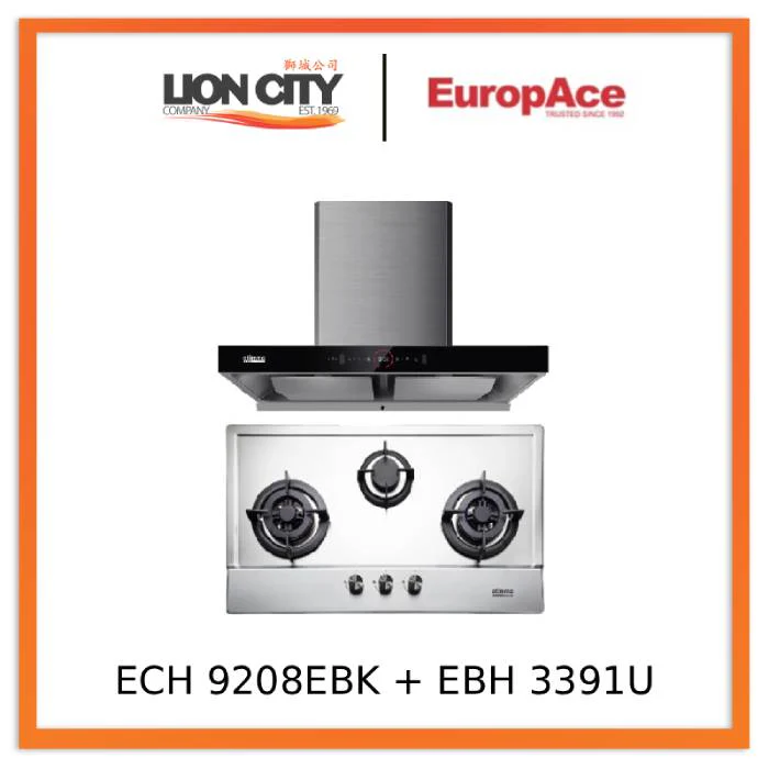 EuropAce ECH9208EBK 90cm 2000m3/h T-Shaped Chimney Hood + EBH3391U LPG/TG Otimmo 3 Burner 90cm Slim Built-in Gas Hob Cooker