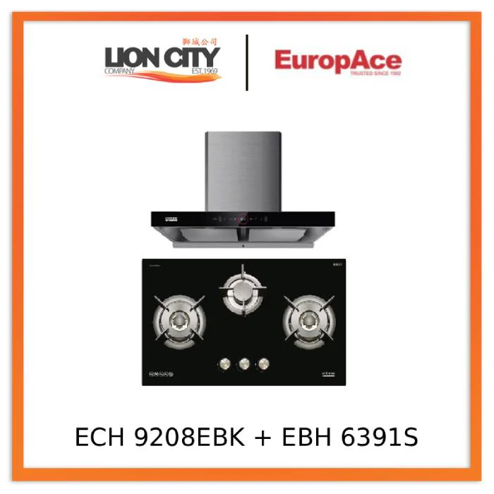 EuropAce ECH9208EBK 90cm 2000m3/h T-Shaped Chimney Hood + Europace EBH 6391S LPG/TG 3 Burner 90cm Gas Cooker Hob (Schott Glass)