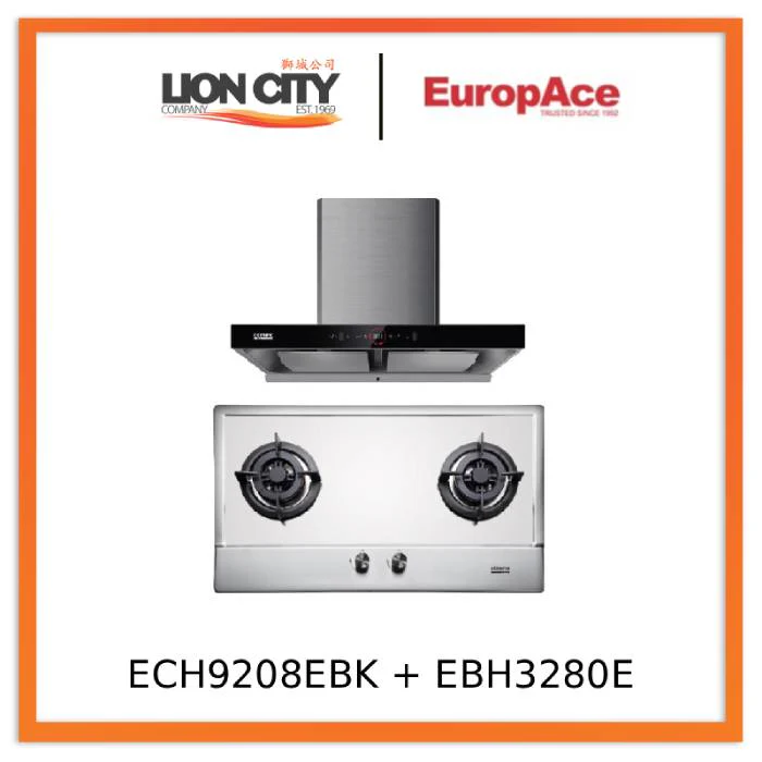 EuropAce ECH9208EBK 90cm 2000m3/h T-Shaped Chimney Hood + EuropAce EBH3280E LPG/TG 80cm Built-In Stainless Steel Gas Hob (2burner)