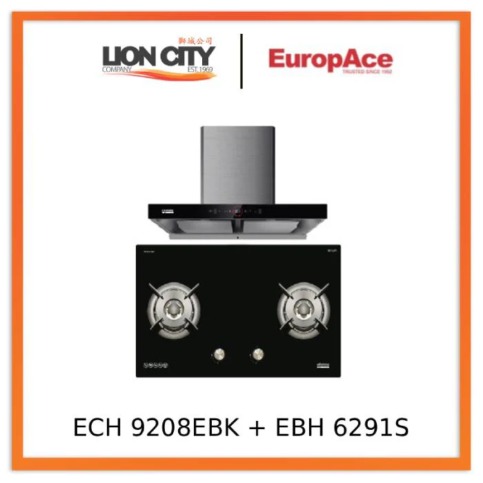 EuropAce ECH9208EBK 90cm 2000m3/h T-Shaped Chimney Hood + Europace EBH6291S LPG/TG 2 Burner 90cm Gas Cooker Hob (Schott Glass)