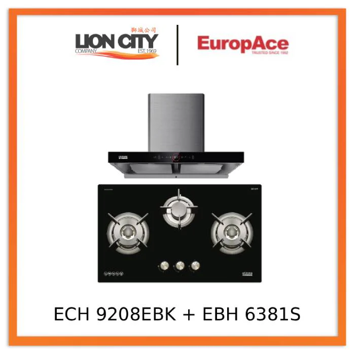 EuropAce ECH9208EBK 90cm 2000m3/h T-Shaped Chimney Hood + Europace EBH6381S LPG/TG 80cm Built-In Gas Hob (3burner)