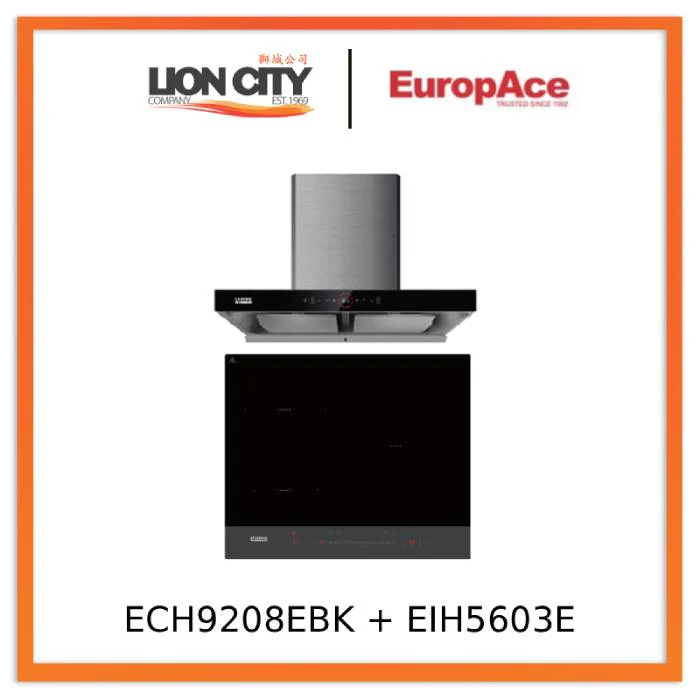 EuropAce ECH9208EBK 90cm 2000m3/h T-Shaped Chimney Hood + EuropAce EIH5603E 5 Series 60cm Induction Hob