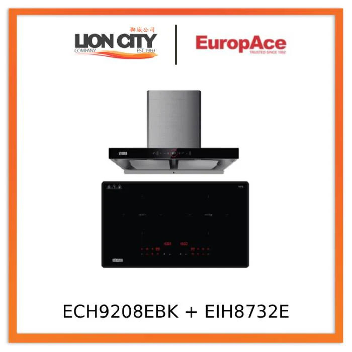 EuropAce ECH9208EBK 90cm 2000m3/h T-Shaped Chimney Hood + EuropAce EIH8732E 8 Series 73cm Induction Hob with Magnetic Knob