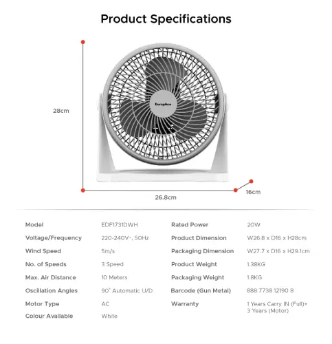 Europace EDF1731DWH 7" Desk Fan Simple Control Button Easy Maintenance - Image 4