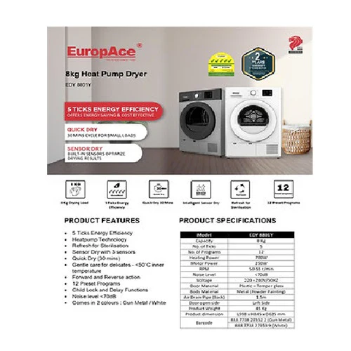 Europace EDY8801YGM / EDY8801YWH Heat Pump Dryer 8Kg EDY 8801Y - Image 7