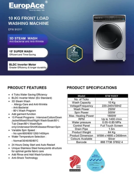 EuropAce EFW 9101Y 10KG Front Load Washing Machine - Image 3