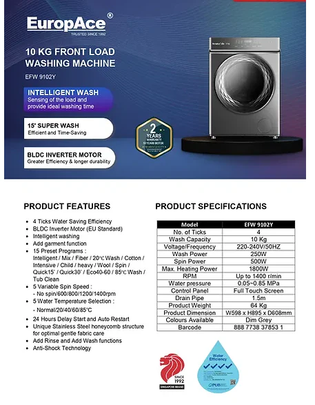 EuropAce EFW 9102Y 10 Kg Front Load Washing Machine EFW9102Y - Image 4