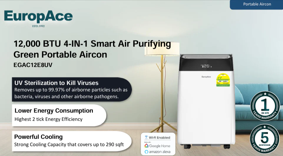 EuropAce EGAC12E8UV 12,000 BTU 4-IN-1 Smart Air Purifying Green Portable Aircon - Image 4