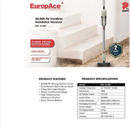 EuropAce EHV A1201 Handheld Vacuum Cleaner 20,000PA Suction Power - Image 2