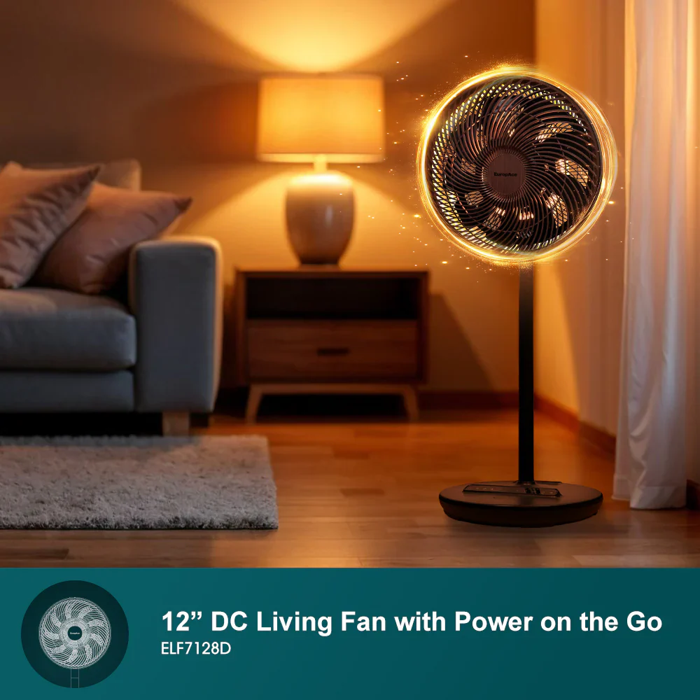 Europace ELF7128DWH/ELF7128DWD 12” Portable DC High Velocity Fan w Ambient Light (Power Bank Compatible), 3D Oscillation, Easy Clean - Image 5