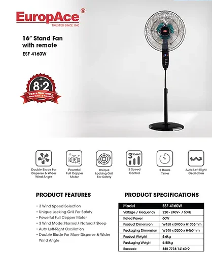 EuropAce ESF 4160W Double Blade Stand Fan 16 inch w Remote - Image 2