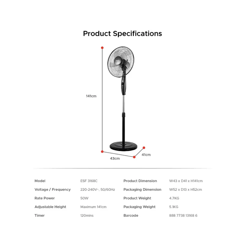 Europace ESF3168C 16" Manual Stand Fan - Image 3