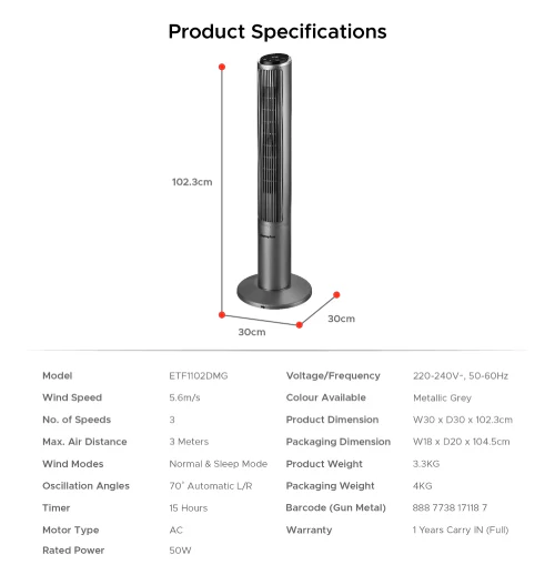 EuropAce ETF1102DMG 40" Tower Fan Touch Control Sleek Design - Image 5