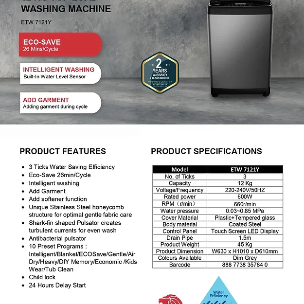 Europace ETW7121Y Top Load Washing Machine 12Kg ETW 7121Y - Image 5