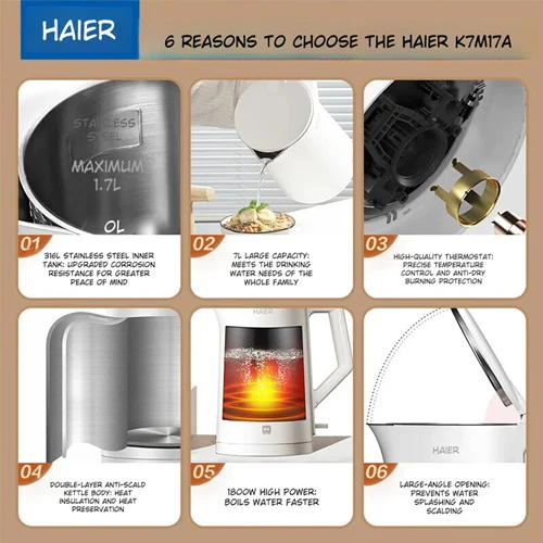 Haier HKT-K7M17A 1.7L Stainless Steel Double-Layer Electric Kettle 1800W - Image 4