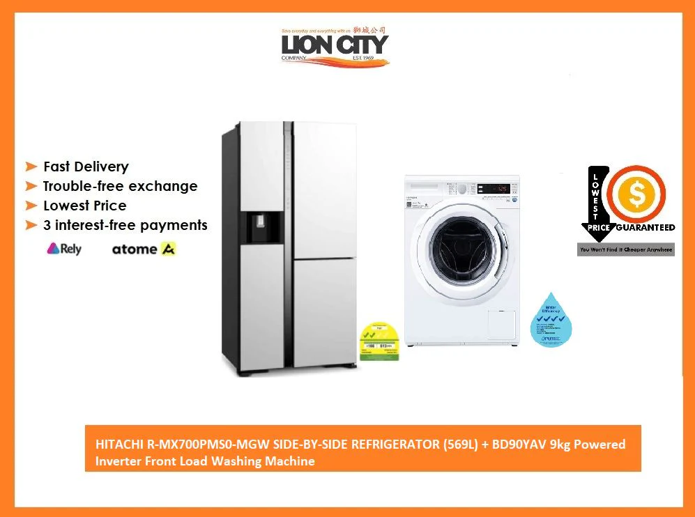 HITACHI R-MX700PMS0-MGW SIDE-BY-SIDE REFRIGERATOR (569L) + BD90YAV 9kg Powered Inverter Front Load Washing Machine