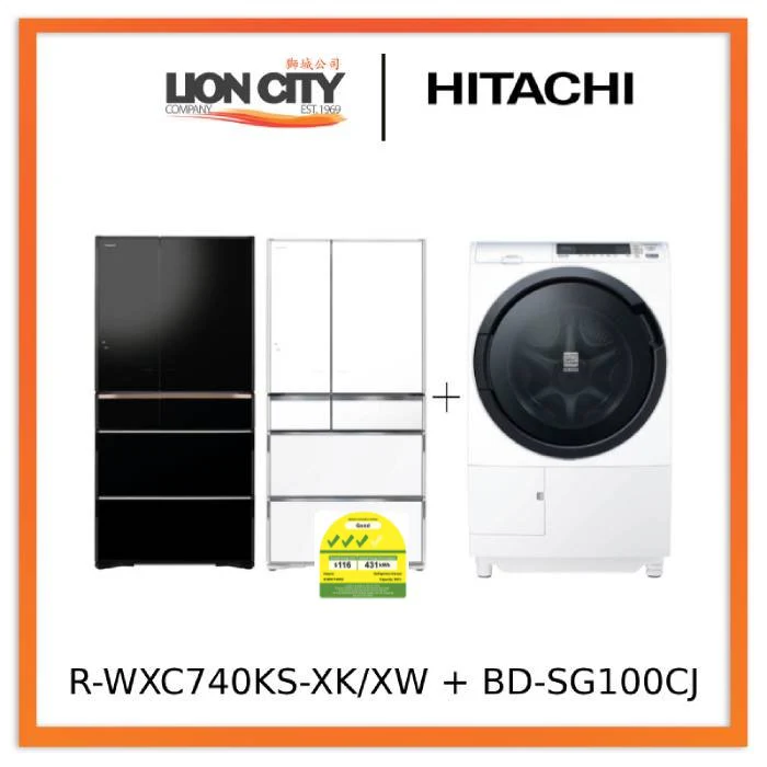Hitachi R-WXC740KS-XK/XW 572L Smart Multi-door Fridge+Hitachi BD-SG100CJ 10kg Front Load Washer Dryer