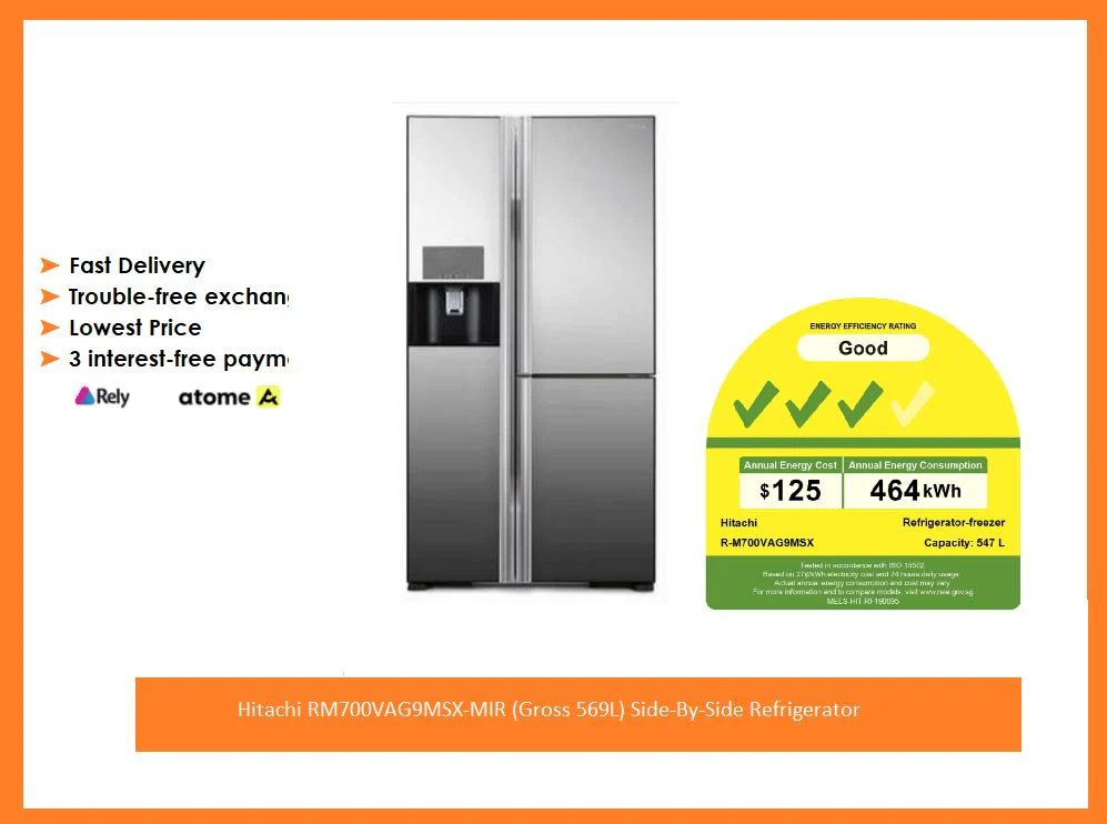 Hitachi RM700VAG9MSX-MIR (Gross 569L) Side-By-Side Refrigerator + BD90YAV 9kg Powered Inverter Front Load Washing Machine