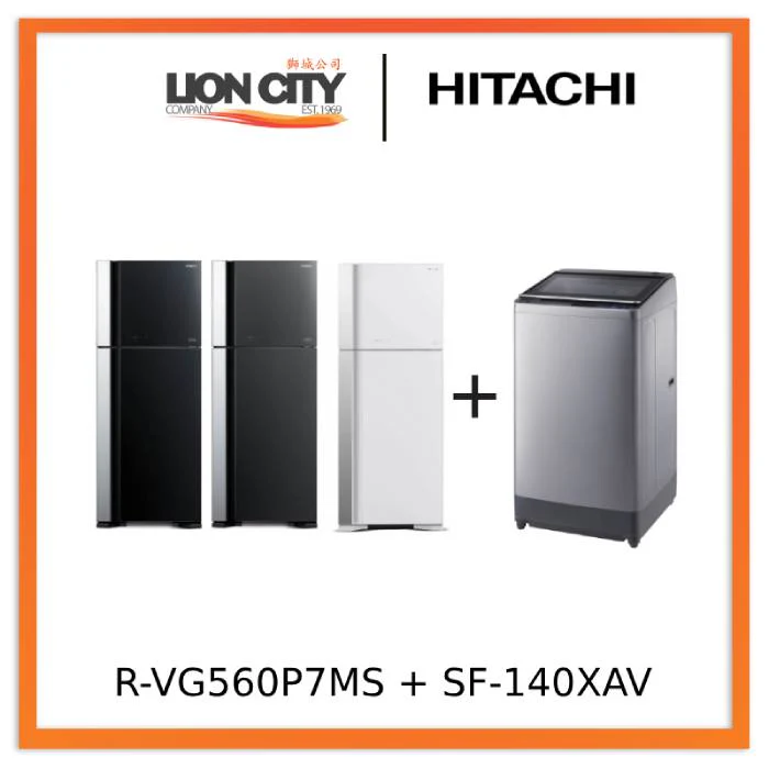Hitachi R-VG560P7MS -GBK/GGR/GPW 450L Top Freezer Fridge + SF-140XAV 14Kg Top Loading with Glass Top Dynamic-Stream Wash