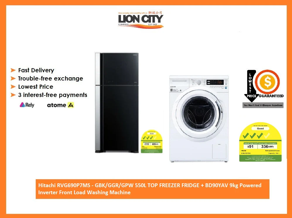 Hitachi RVG690P7MS - GBK/GGR/GPW 550L TOP FREEZER FRIDGE + BD90YAV 9kg Powered Inverter Front Load Washing Machine