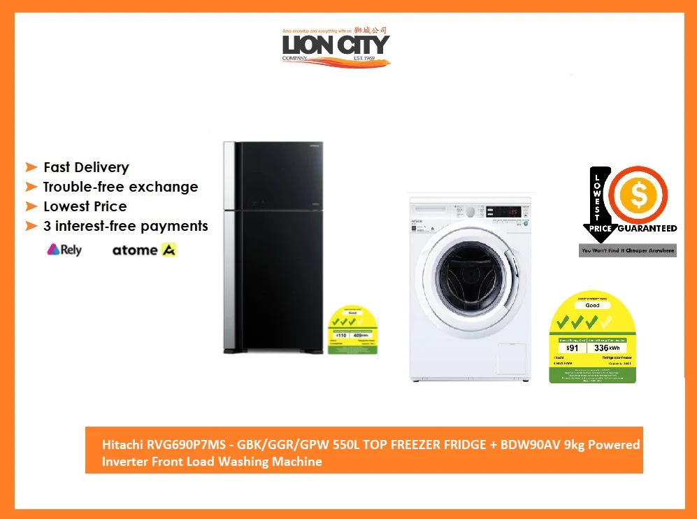 Hitachi RVG690P7MS - GBK/GGR/GPW 550L TOP FREEZER FRIDGE + BDW90AV 9kg Powered Inverter Front Load Washing Machine