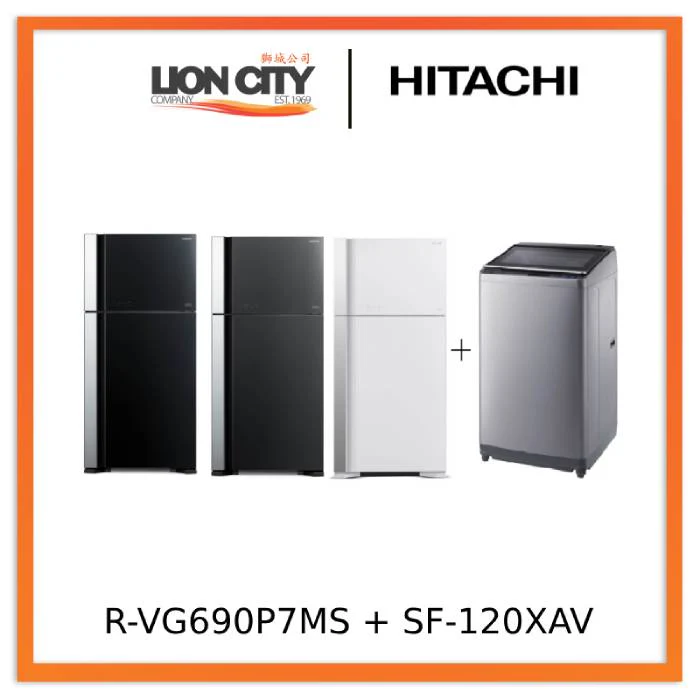 Hitachi R-VG690P7MS - GBK/GGR/GPW 550L Top Freezer Fridge + Hitachi SF-120XAV 12kg Top Load with Glass Top Washing Machine