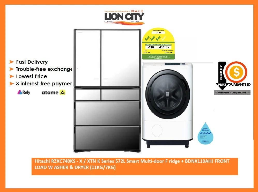 Hitachi RZXC740KS - X / XTN K Series 572L Smart Multi-door F ridge + BDNX110AHJ FRONT LOAD W ASHER & DRYER (11KG/7KG)