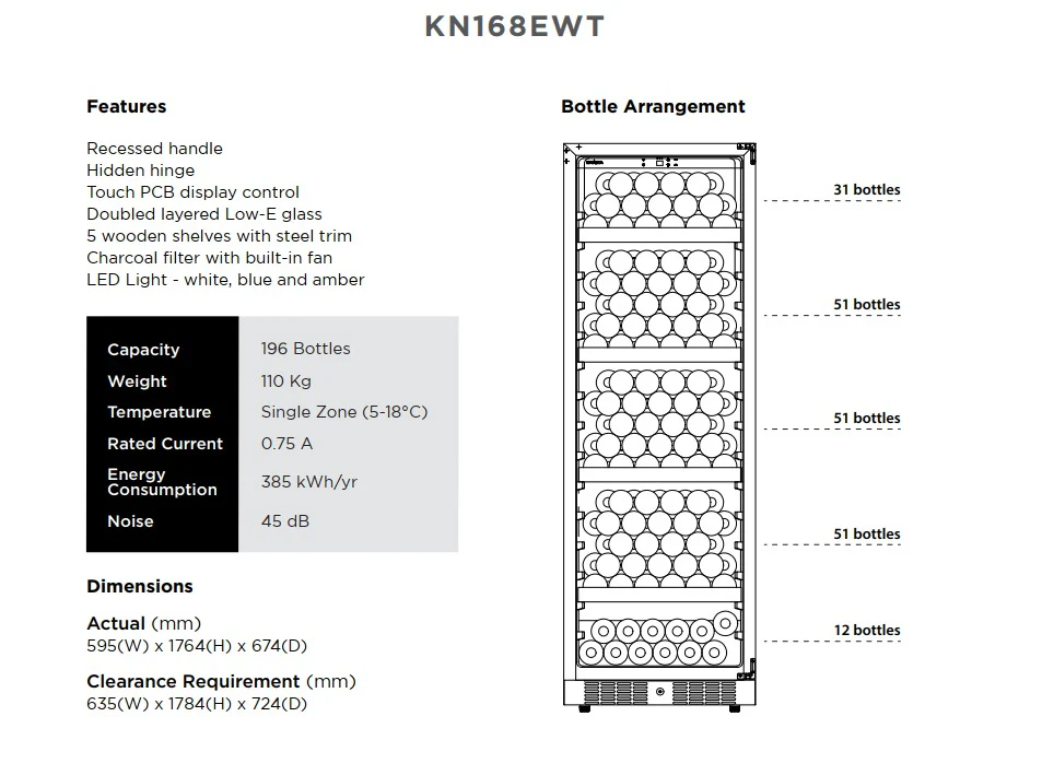 Kadeka KN168EWT 196 Bottles Wine Chiller Steel Series with 5 Wooden Shelves Glass Door - Image 6