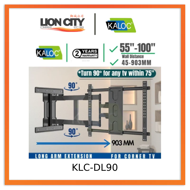 Kaloc KLC-DL90 55"-100" 90° DEGREES SWIVEL Long Arm TV Wall Mount, Extension TV BRACKET Swivel and Tilt, Full Motion Mount
