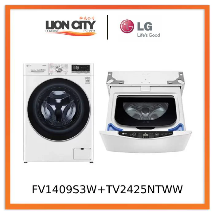 LG FV1409S3W AI Direct Drive Front Load Washing Machine 9KG + LG TV2425NTWW Top Load Mini Washer 2.5kg Blue