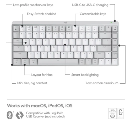Logitech Mx Mechanical Mini For Mac Pale-grey Tactile, Backlit keys, Multi Connectivity, Long Battery Life - Image 2