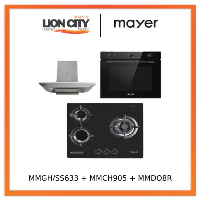 Mayer MMGH/SS633 60cm 3 Burner Glass Gas Hob + MMCH905 90cm Chimney Hood + MMDO8R 60 cm Built-in Oven with Smoke Ventilation
