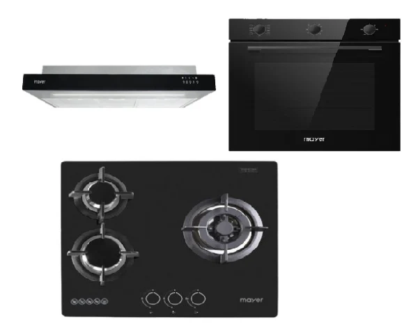 Mayer MMGH/SS633 60cm 3 Burner Glass Gas Hob + MMSI900LEDHS 90cm Semi-integrated Slimline Hood + MMDO8R 60 cm Built-in Oven with Smoke Ventilation - Image 2