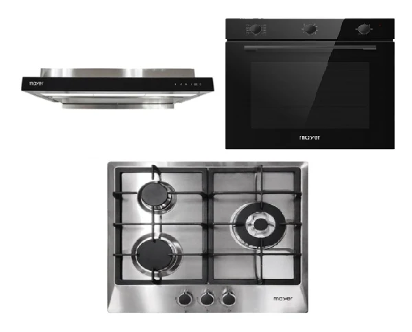Mayer MMGH/SS633 60cm 3 Burner Glass Gas Hob + MMSI903OT Cm Semi-integrated Hood With Oil Tray + MMDO8R 60 cm Built-in Oven with Smoke Ventilation - Image 4